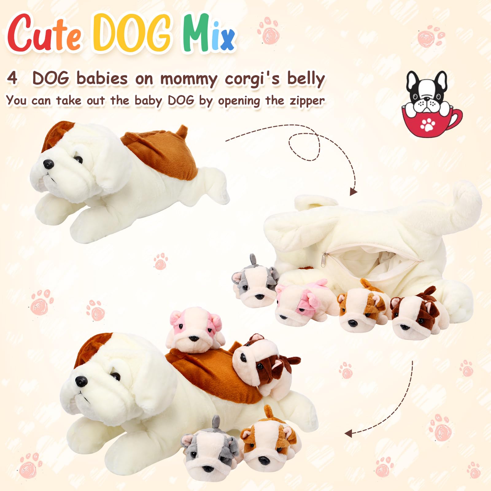 Skylety zipper belly design reveals four puppies for interactive storytelling.