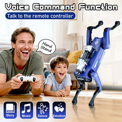 Robot dog features a 25-meter remote range for spacious indoor play.
