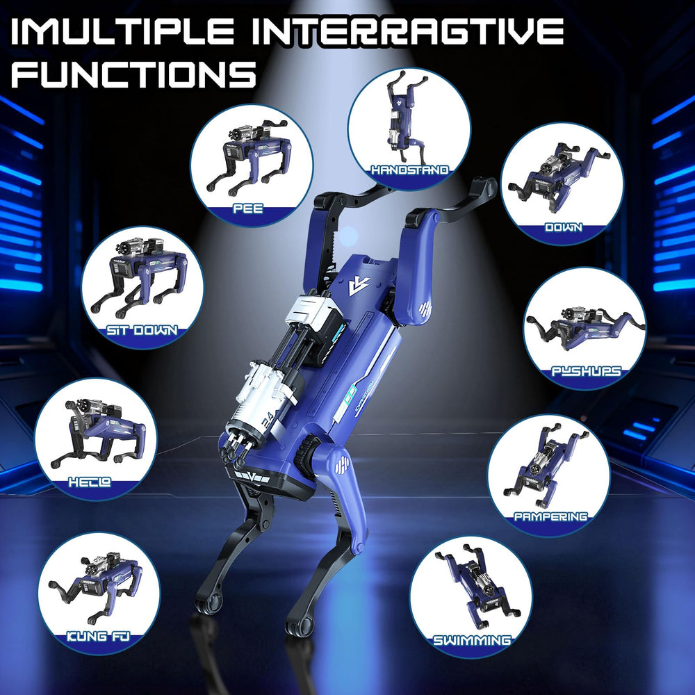 The robot dog performs remote-controlled moves during indoor adventures.