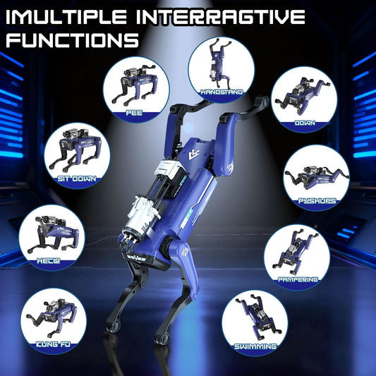 The robot dog performs remote-controlled moves during indoor adventures.