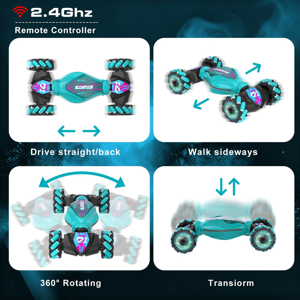 SkyNexus gesture-sensing RC stunt car performing 360-degree flip outdoors.