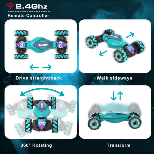SkyNexus gesture-sensing RC stunt car performing 360-degree flip outdoors.