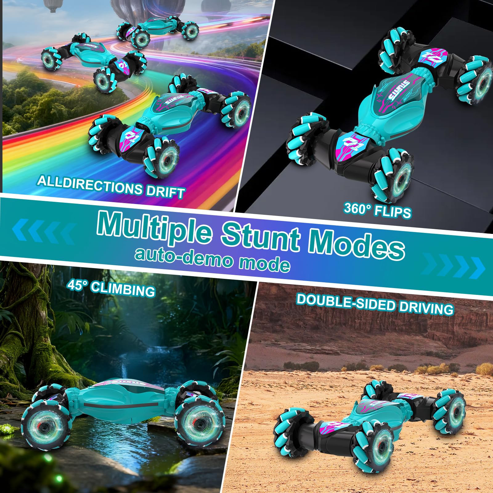 SkyNexus RC stunt car with LED lights and music for night sessions.