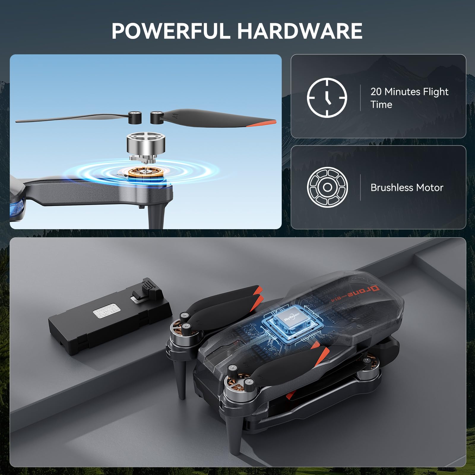 Skyvoyant brushless motors ensure quiet, smooth flights