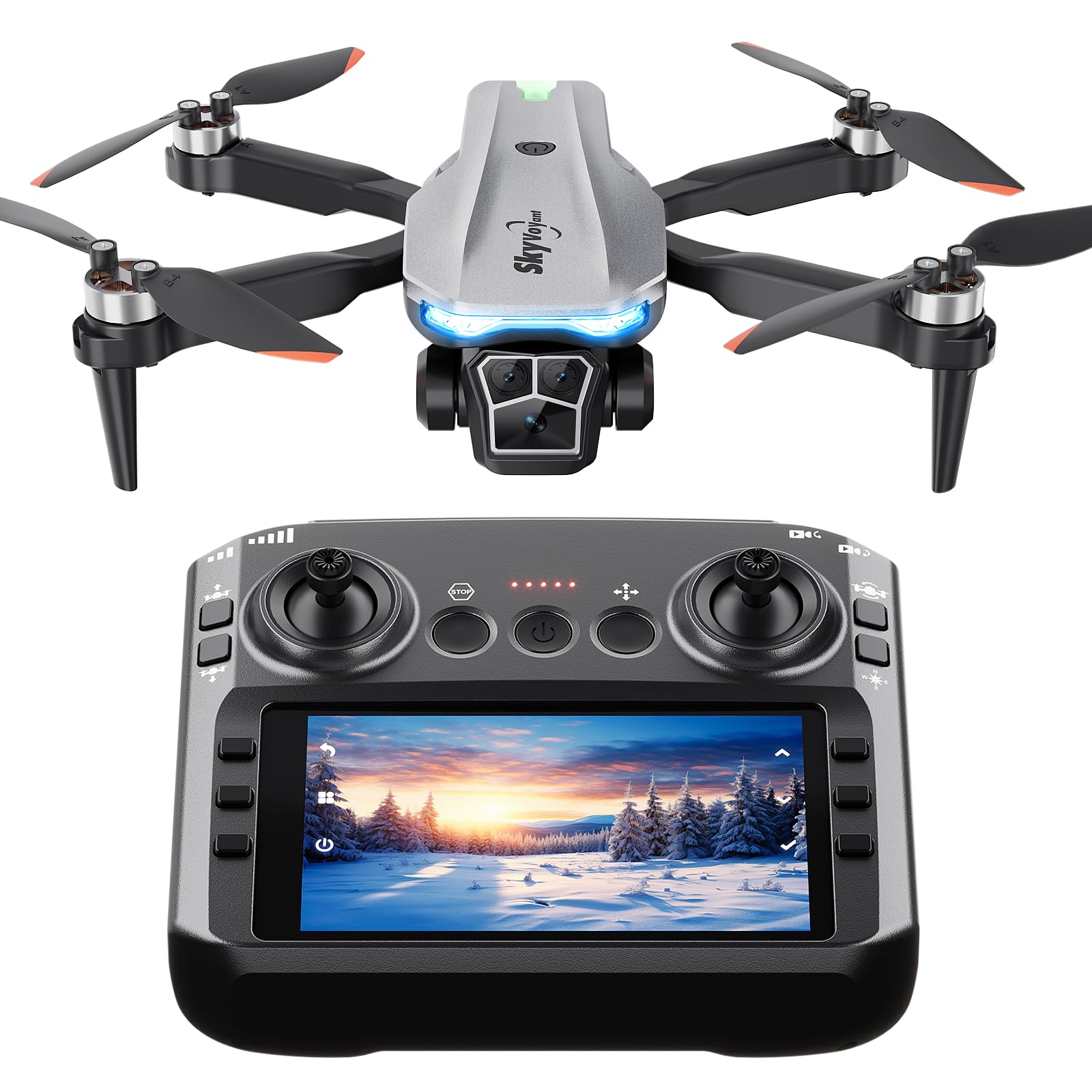 Skyvoyant drone remote with 4.5-inch LCD screen enables screen-free flight.