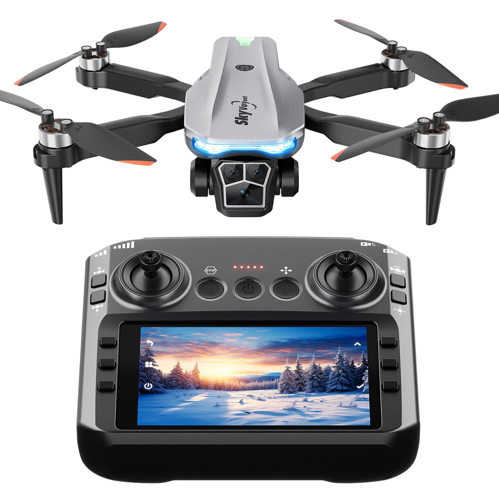 Skyvoyant drone remote with 4.5-inch LCD screen enables screen-free flight.