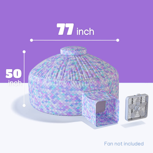 Skywin air tent for kids shows 77 by 50 inch footprint