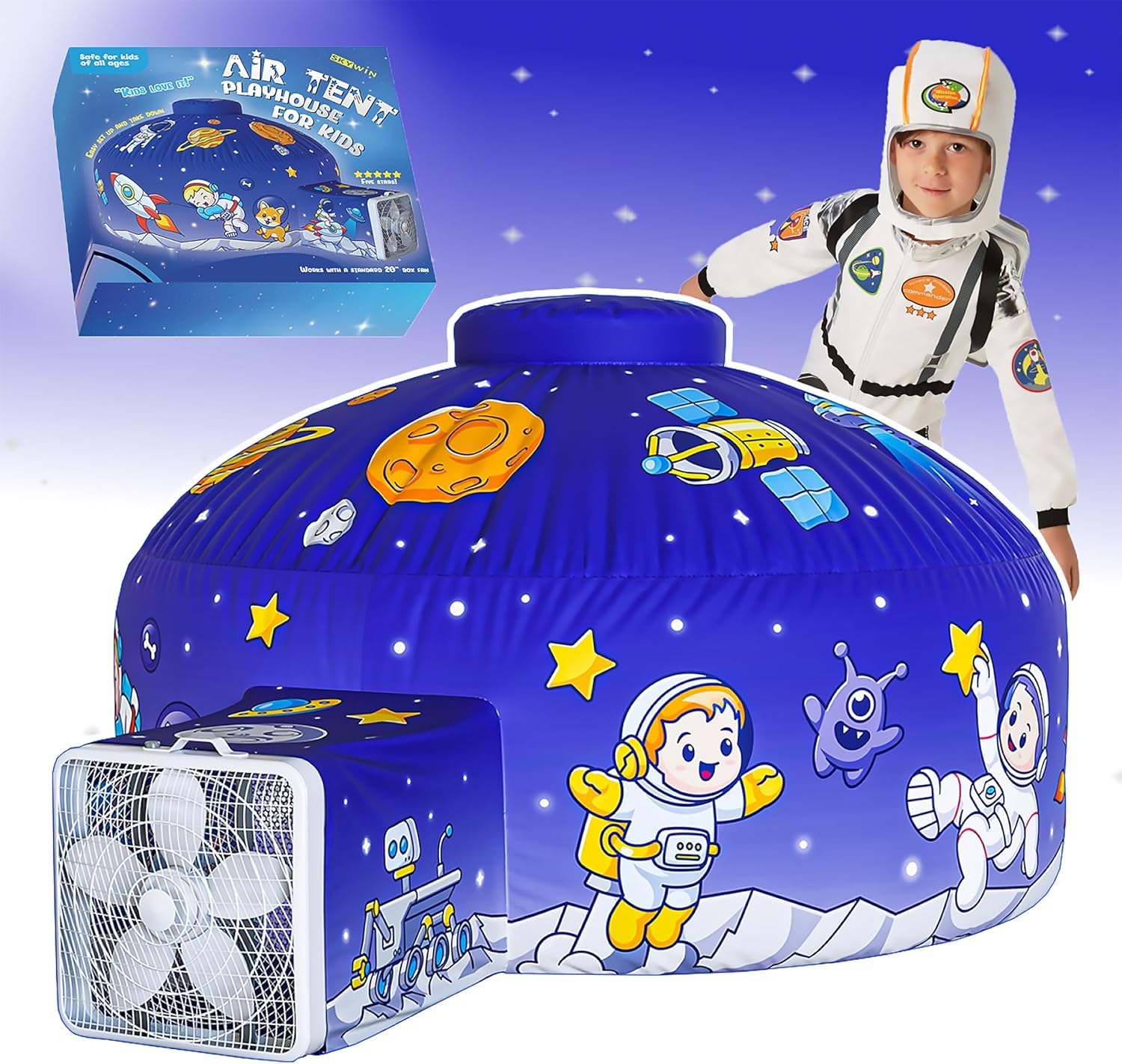 Skywin air tent front view shows compact space for imaginative play.