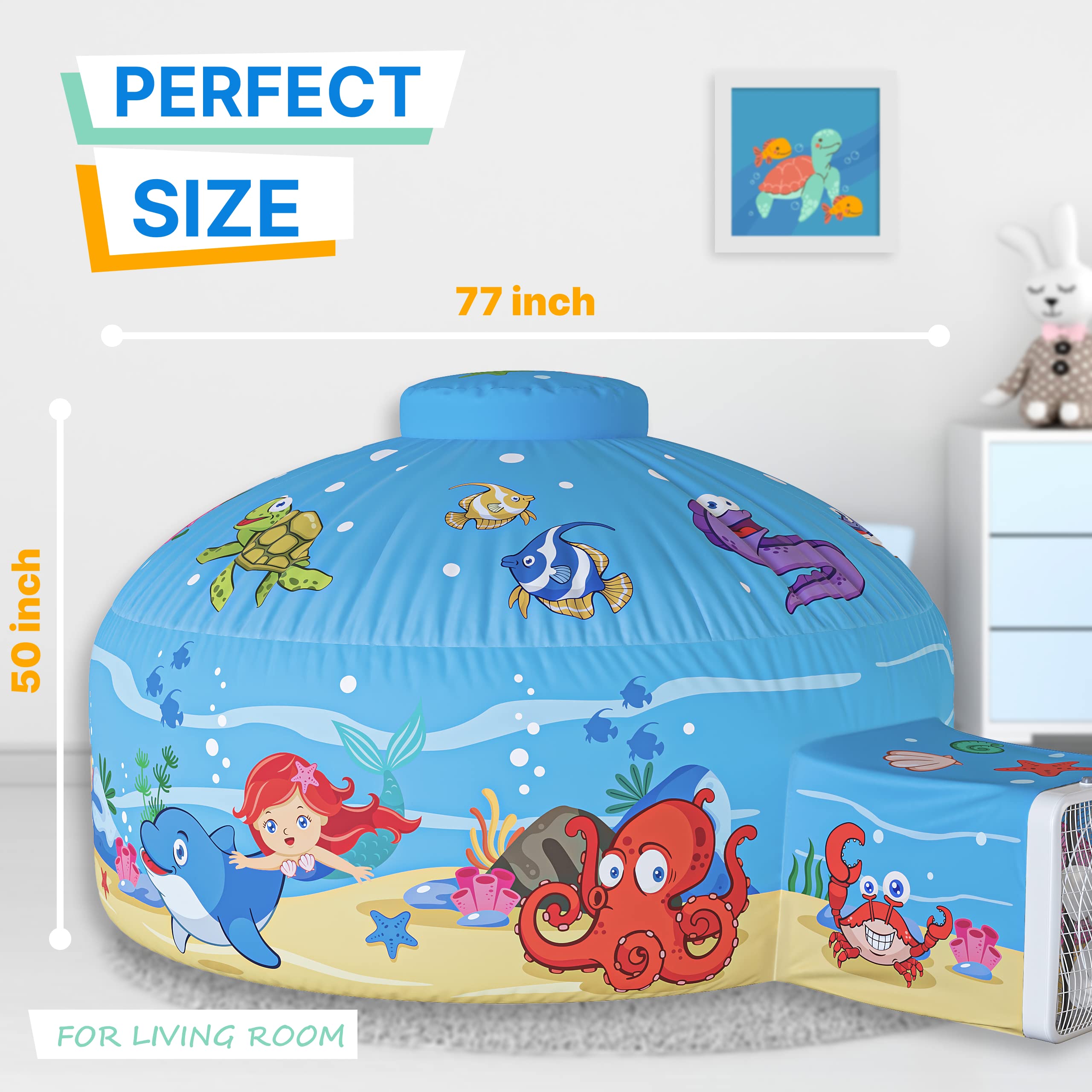 Skywin Air Tent for Kids ocean print: vibrant design fosters imaginative pretend play.