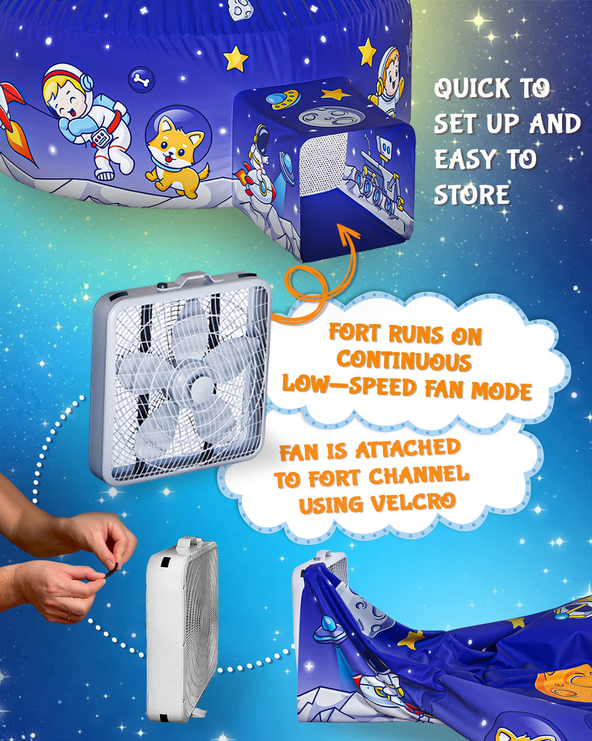 Skywin air tent space print design highlights playful ambiance for pretend adventures.
