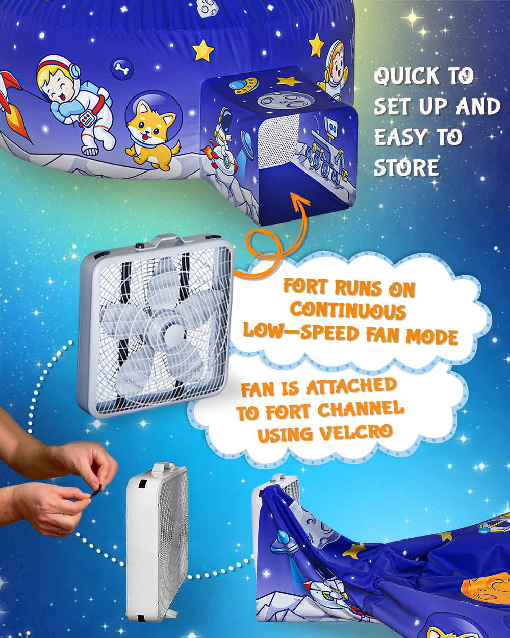Skywin air tent space print design highlights playful ambiance for pretend adventures.