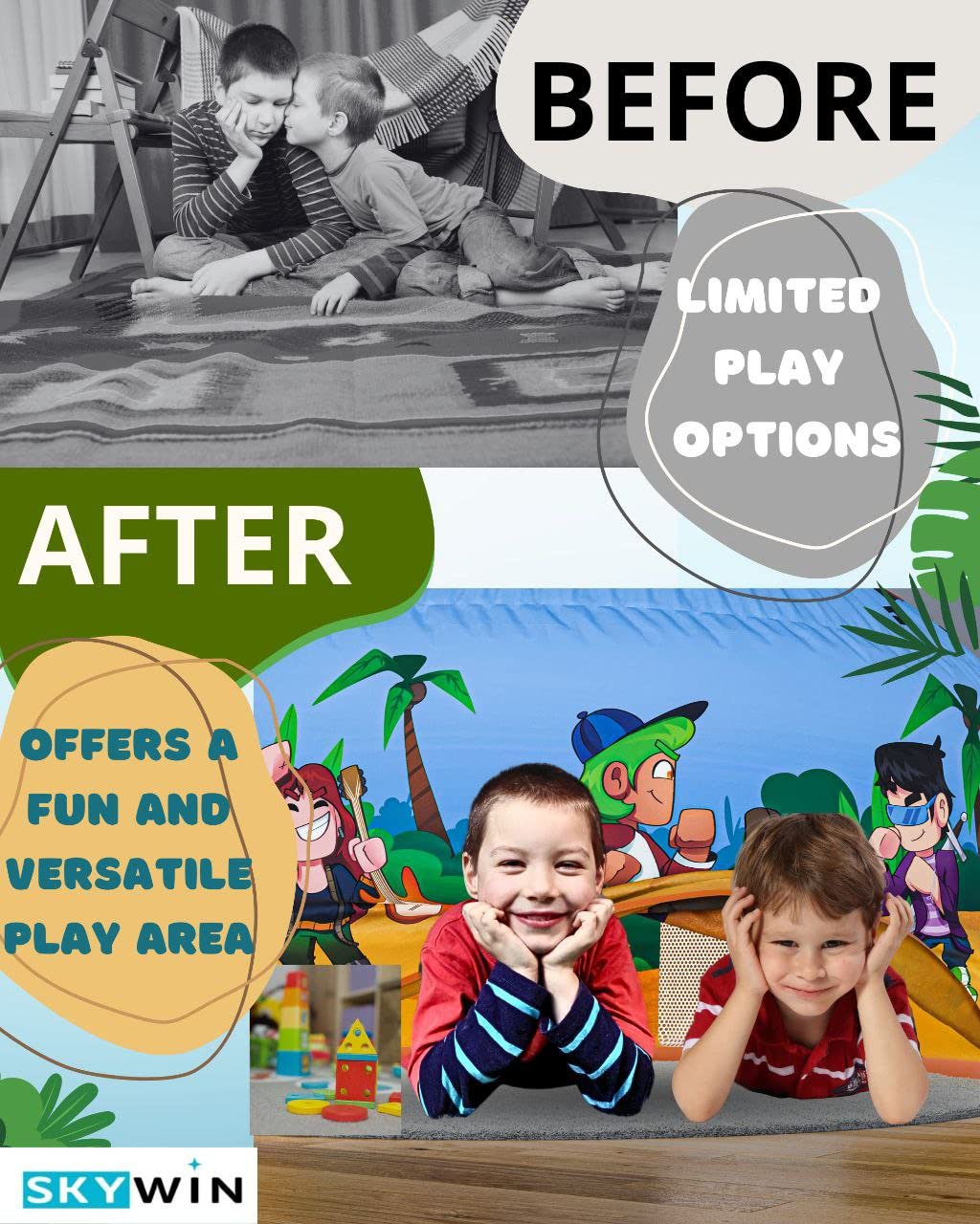Skywin Blox Fortress uses breathable polyester for safe, comfy playtime.