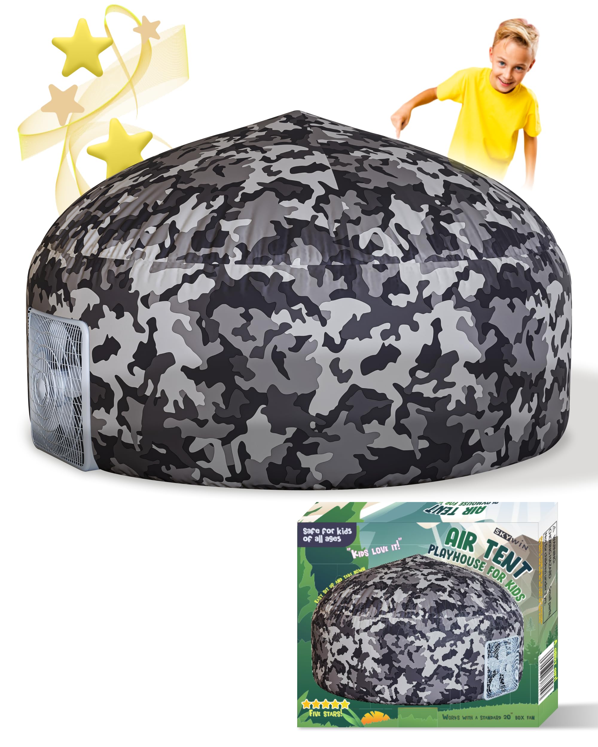 Skywin Camo Adventure Base inflating instantly with a 20-inch box fan.