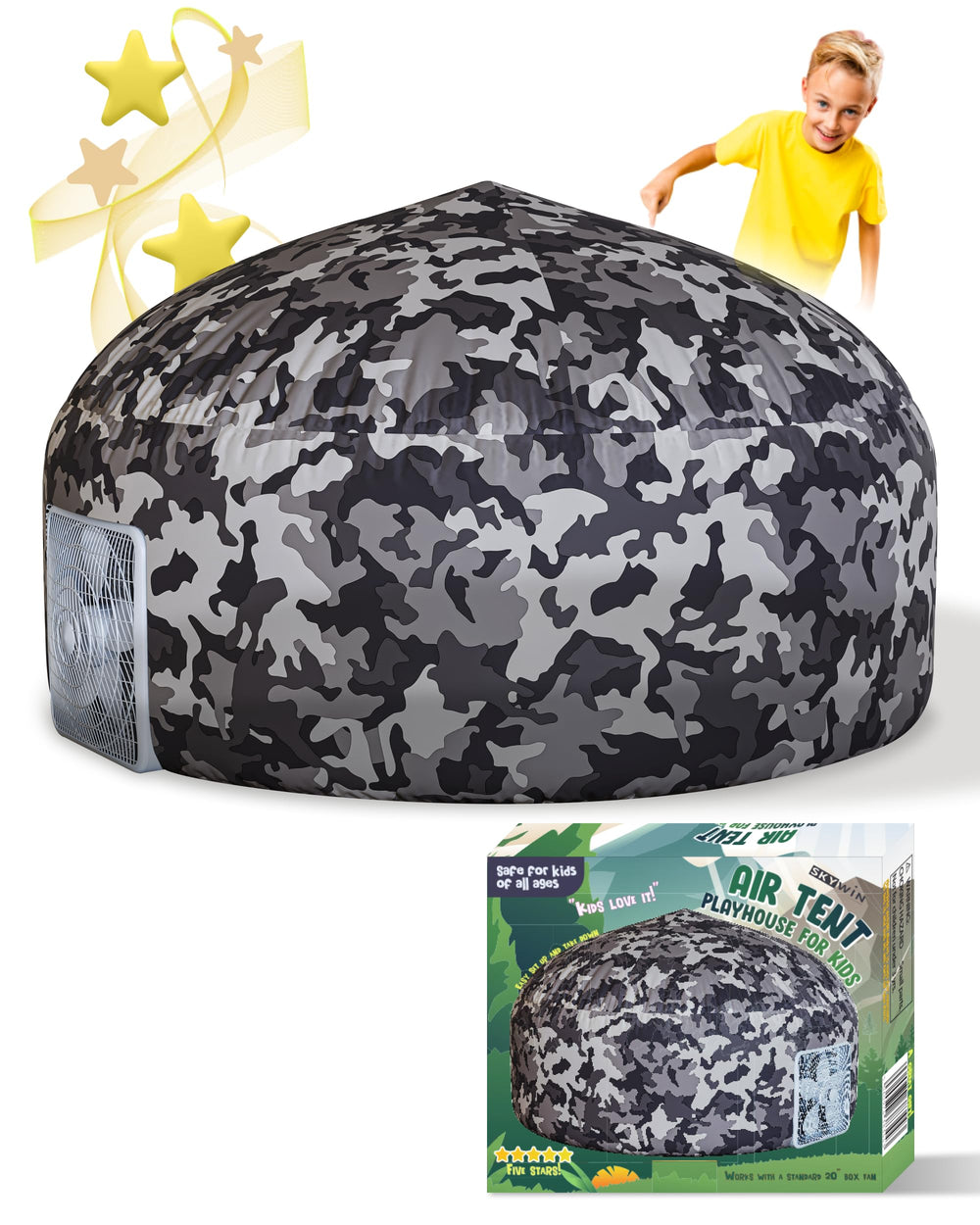 Skywin Camo Adventure Base inflating instantly with a 20-inch box fan.