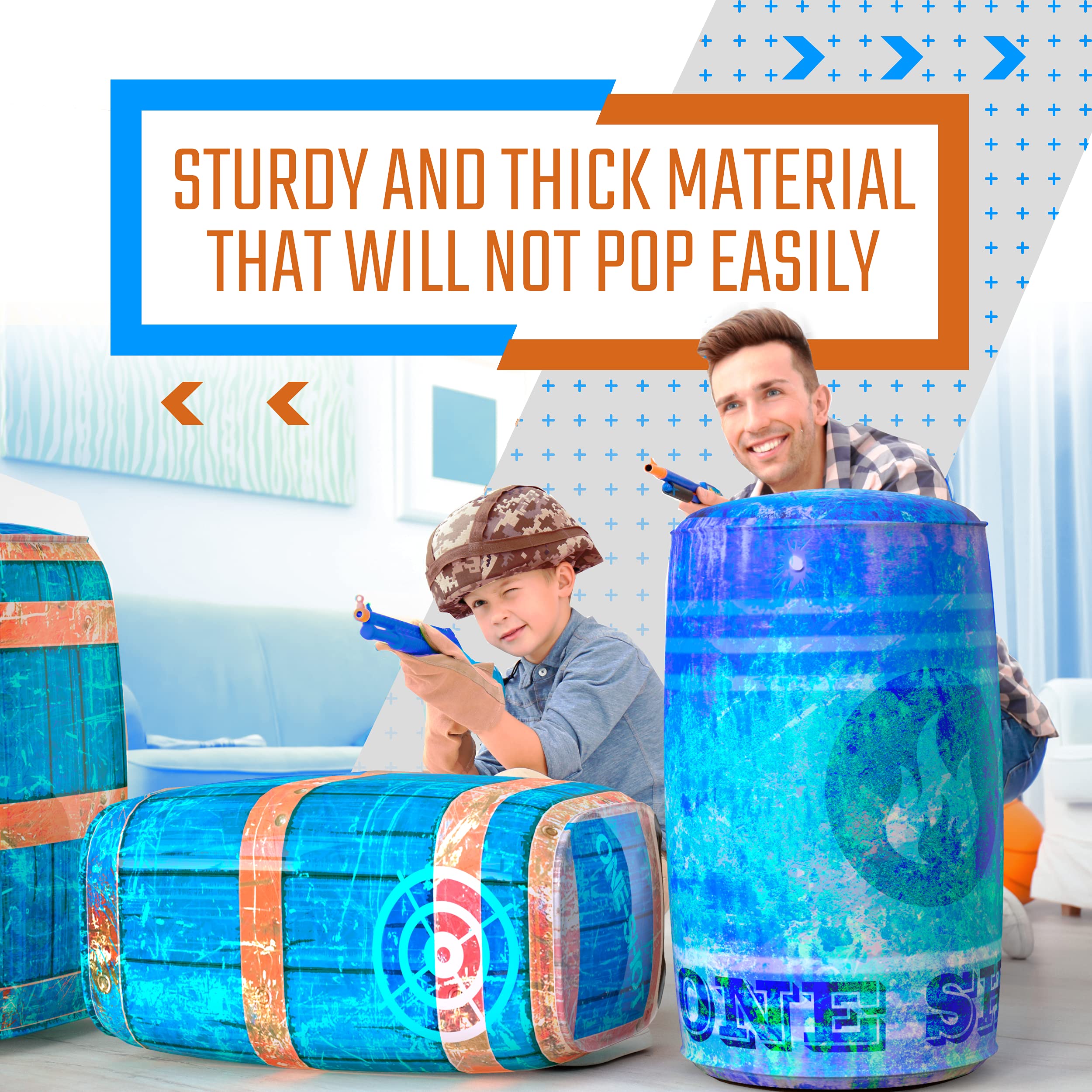 Skywin combat play area blue bunkers create immersive, non-war themed arena for games.