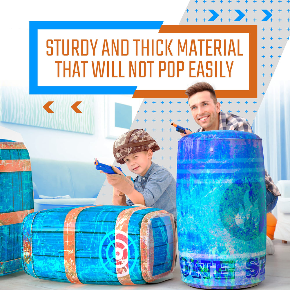 Skywin combat play area blue bunkers create immersive, non-war themed arena for games.