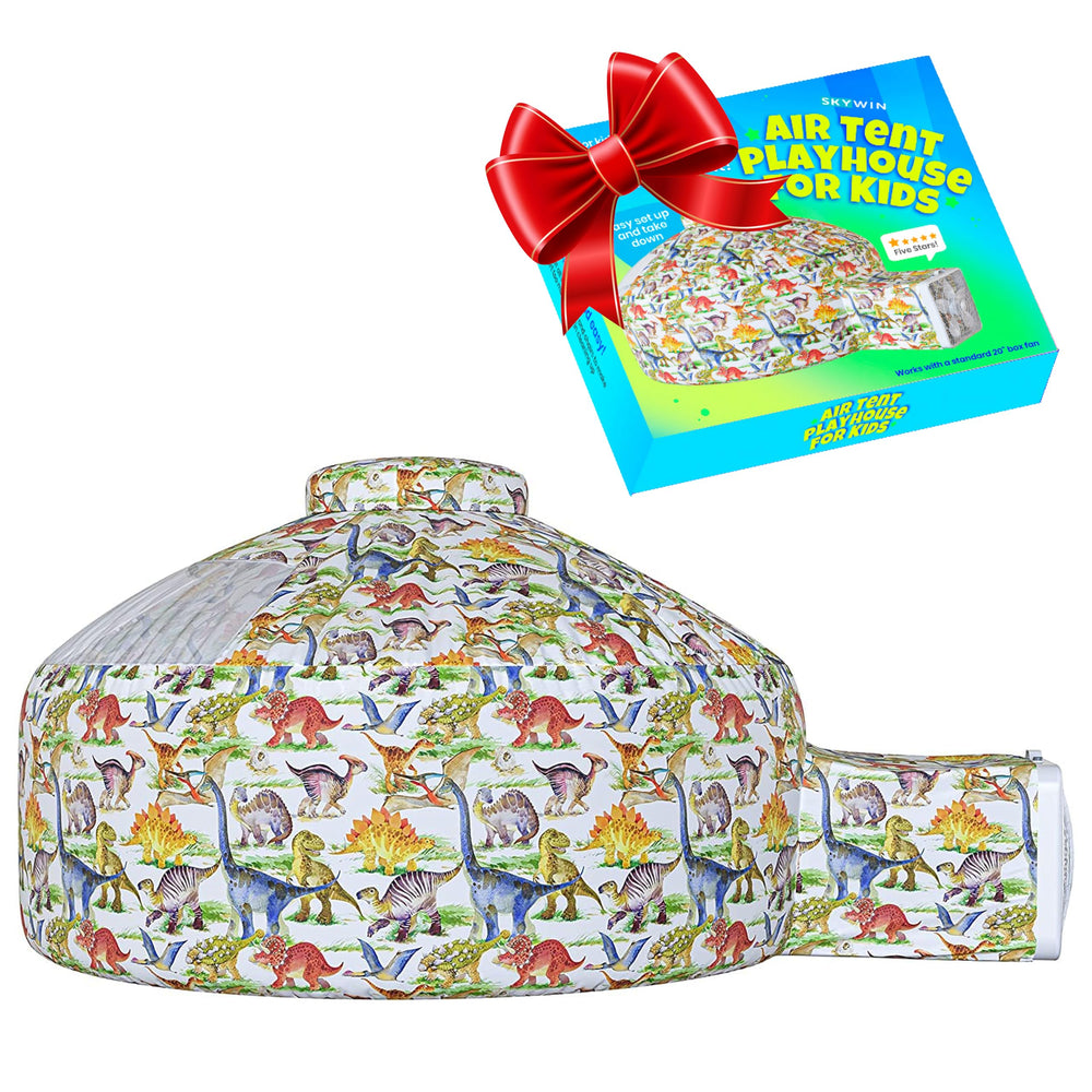 Skywin Dino Dome Dig inflates in seconds with a standard box fan for quick indoor forts.