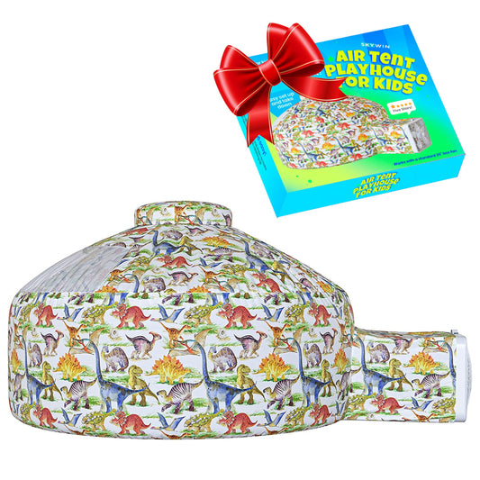 Skywin Dino Dome Dig inflates in seconds with a standard box fan for quick indoor forts.