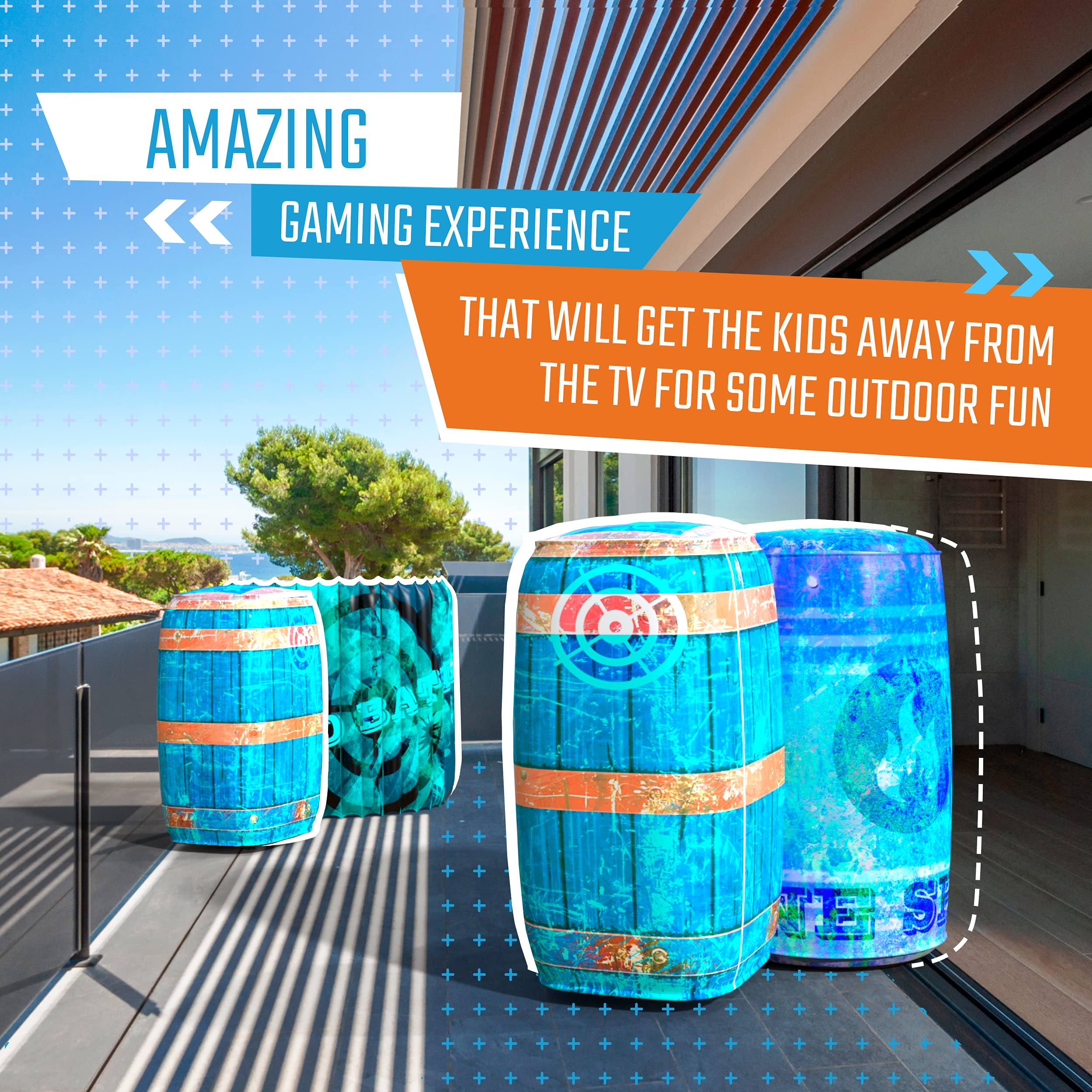 Skywin durable inflatable bunkers in blue stand up to active games.
