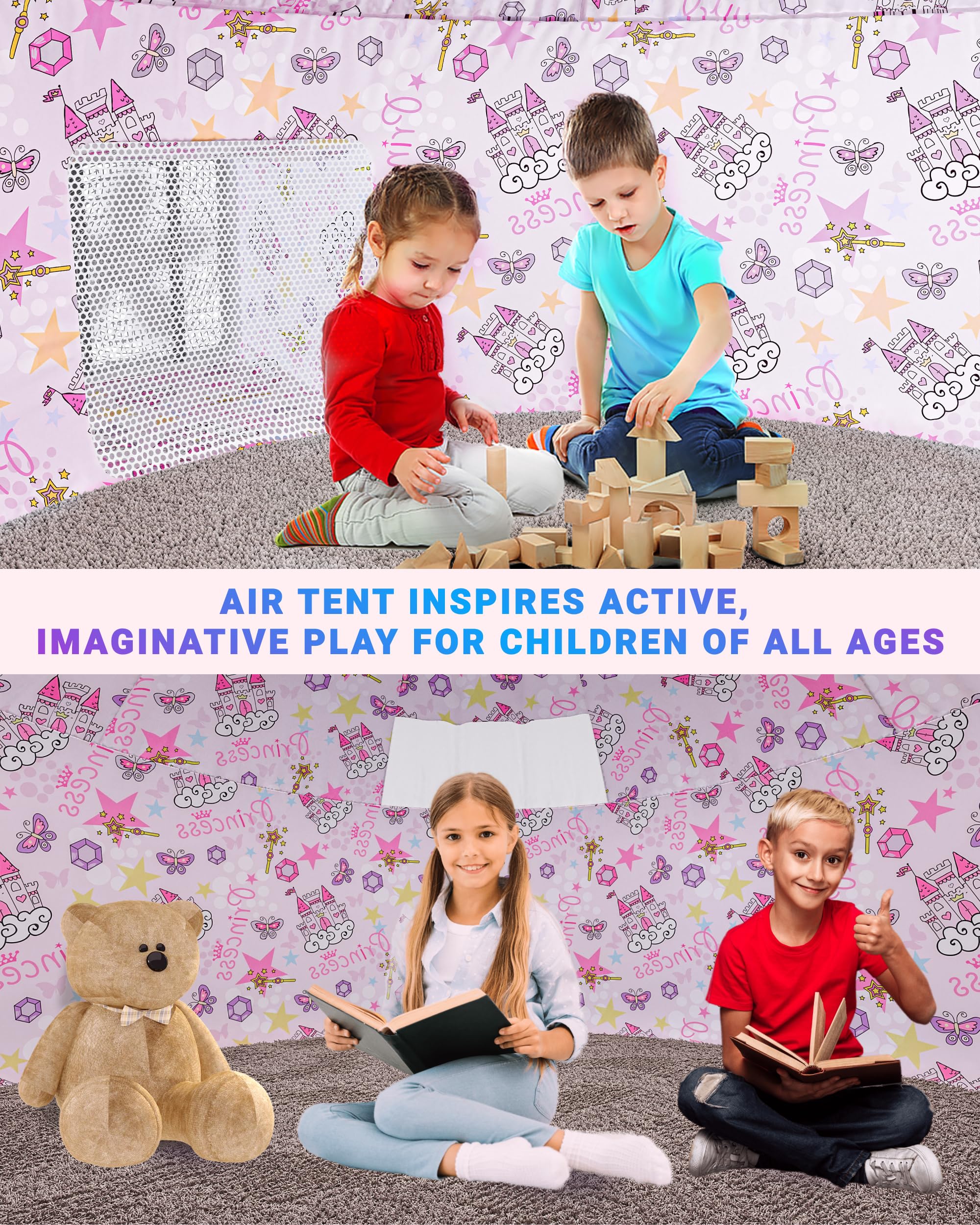 Spacious interior 77 by 50 inches supports group fun.