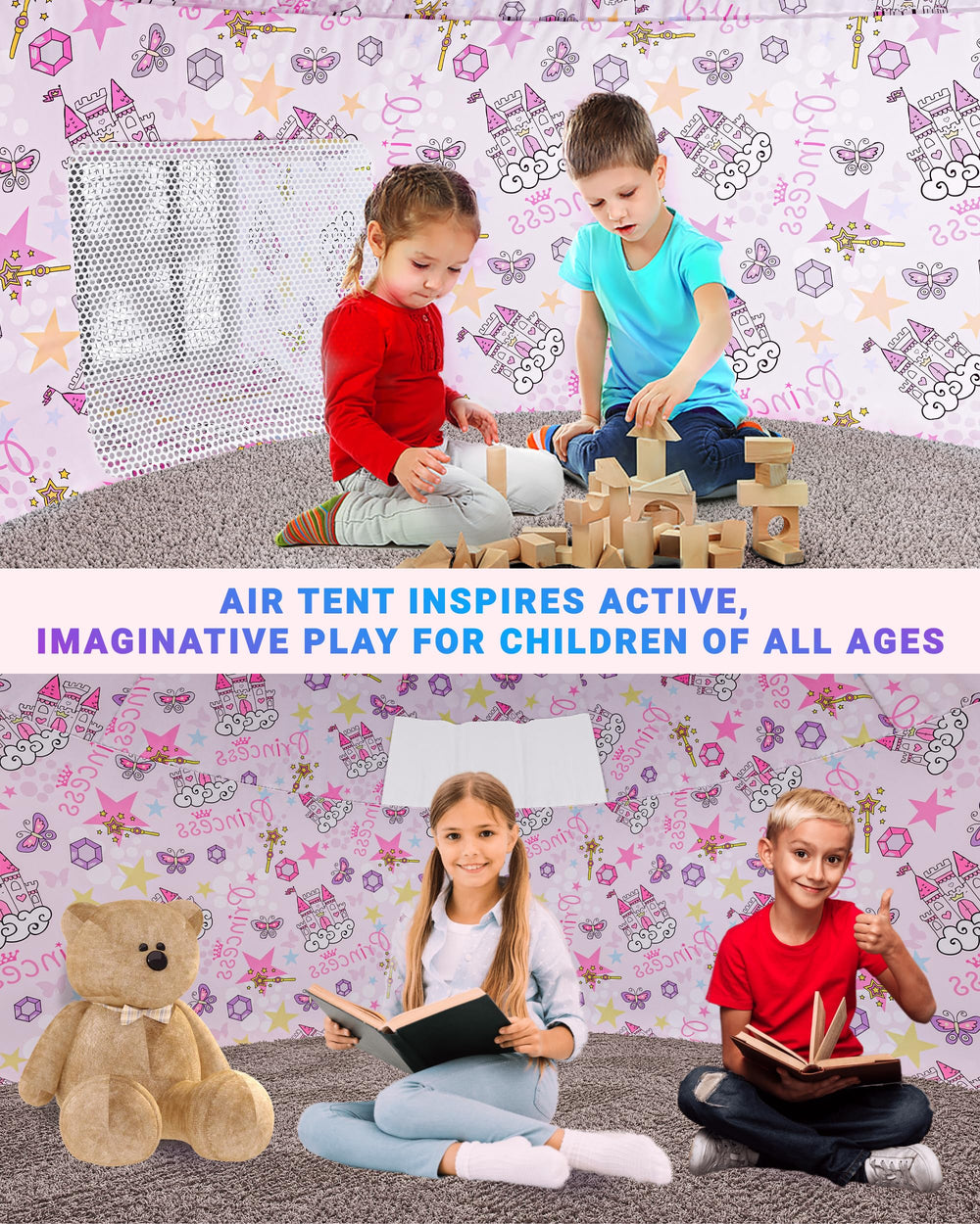 Spacious interior 77 by 50 inches supports group fun.