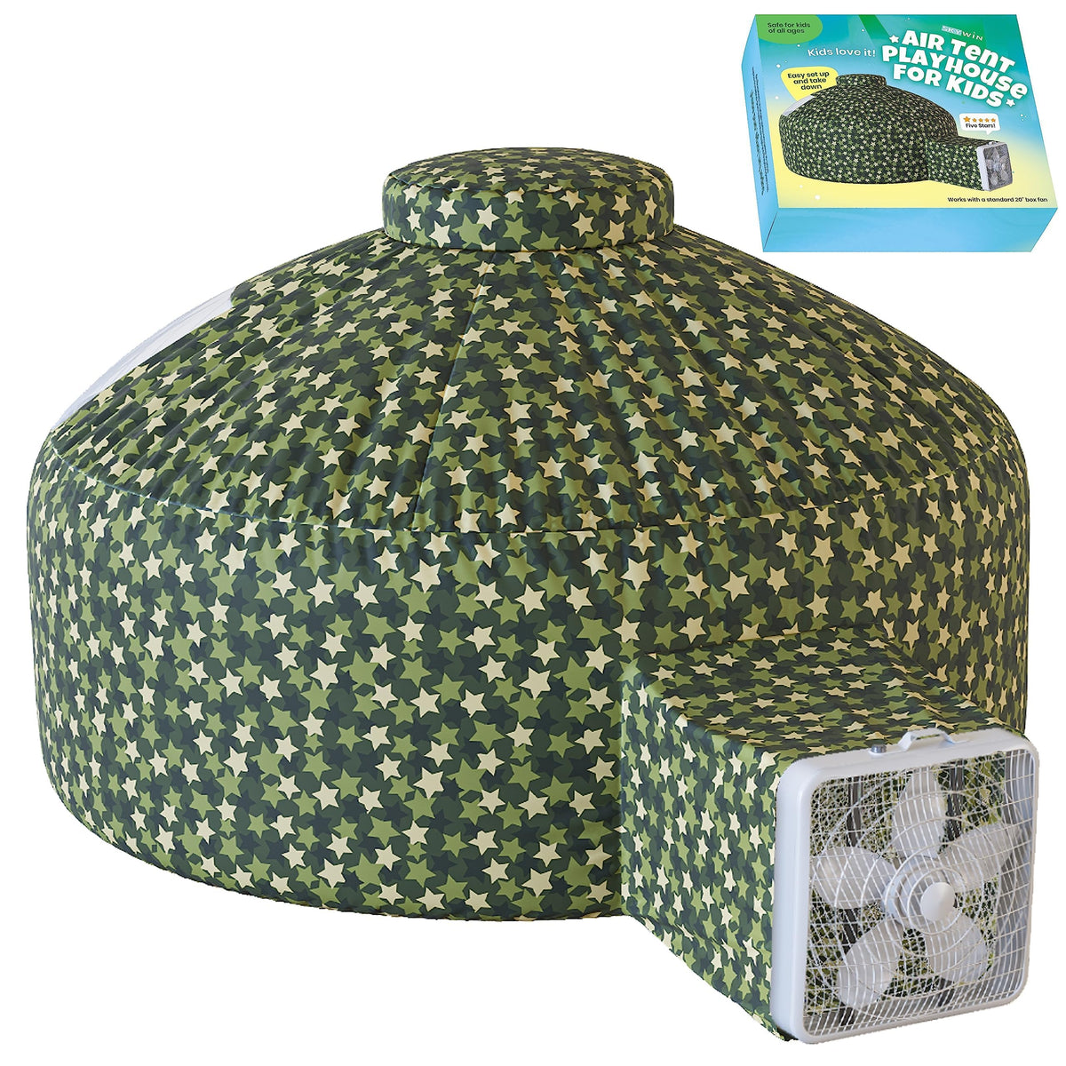 Skywin Forest Fort full view shows a roomy 77 by 50 inch air tent for indoor imaginative play.