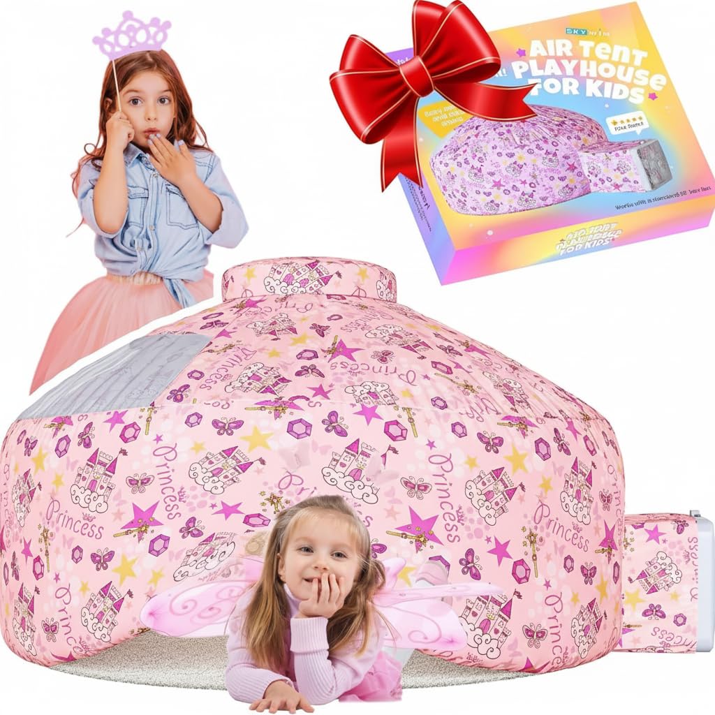 Skywin inflatable air tent for kids, pink princess design, front view, ideal for imaginative play.