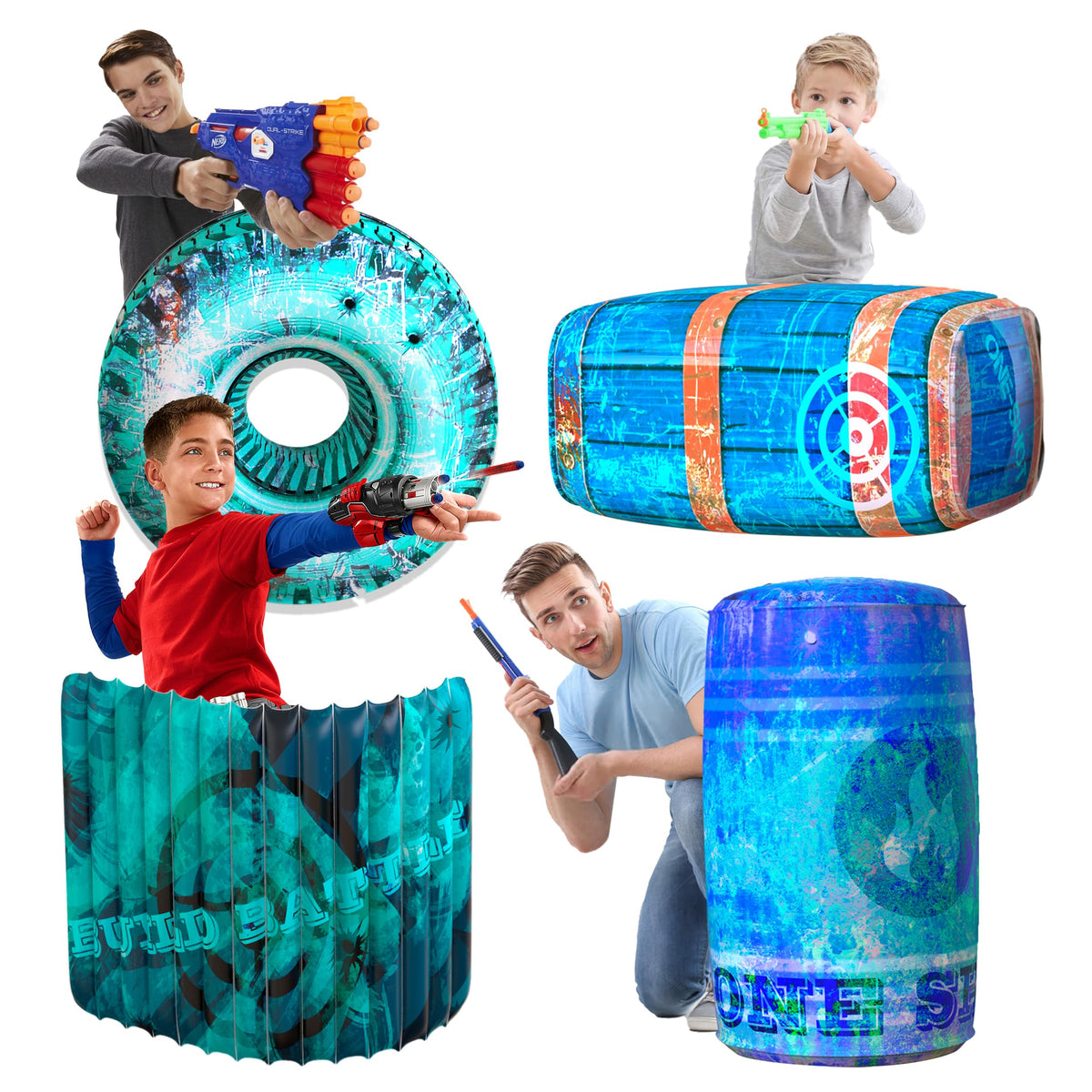 Skywin inflatable battle bunkers four-piece blue set for quick setup and flexible laser tag scenarios.
