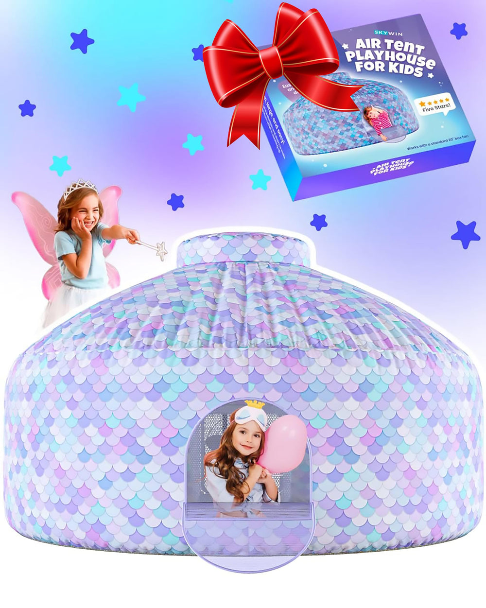 Skywin Mermaid Magic Fort inflated, an instant underwater play space for kids.