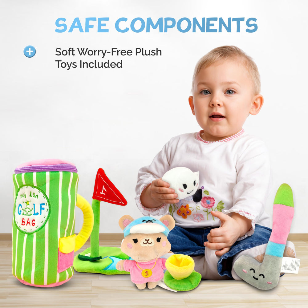 Skywin My First Golf Bag teddy bear joins the set for comforting, cooperative play.