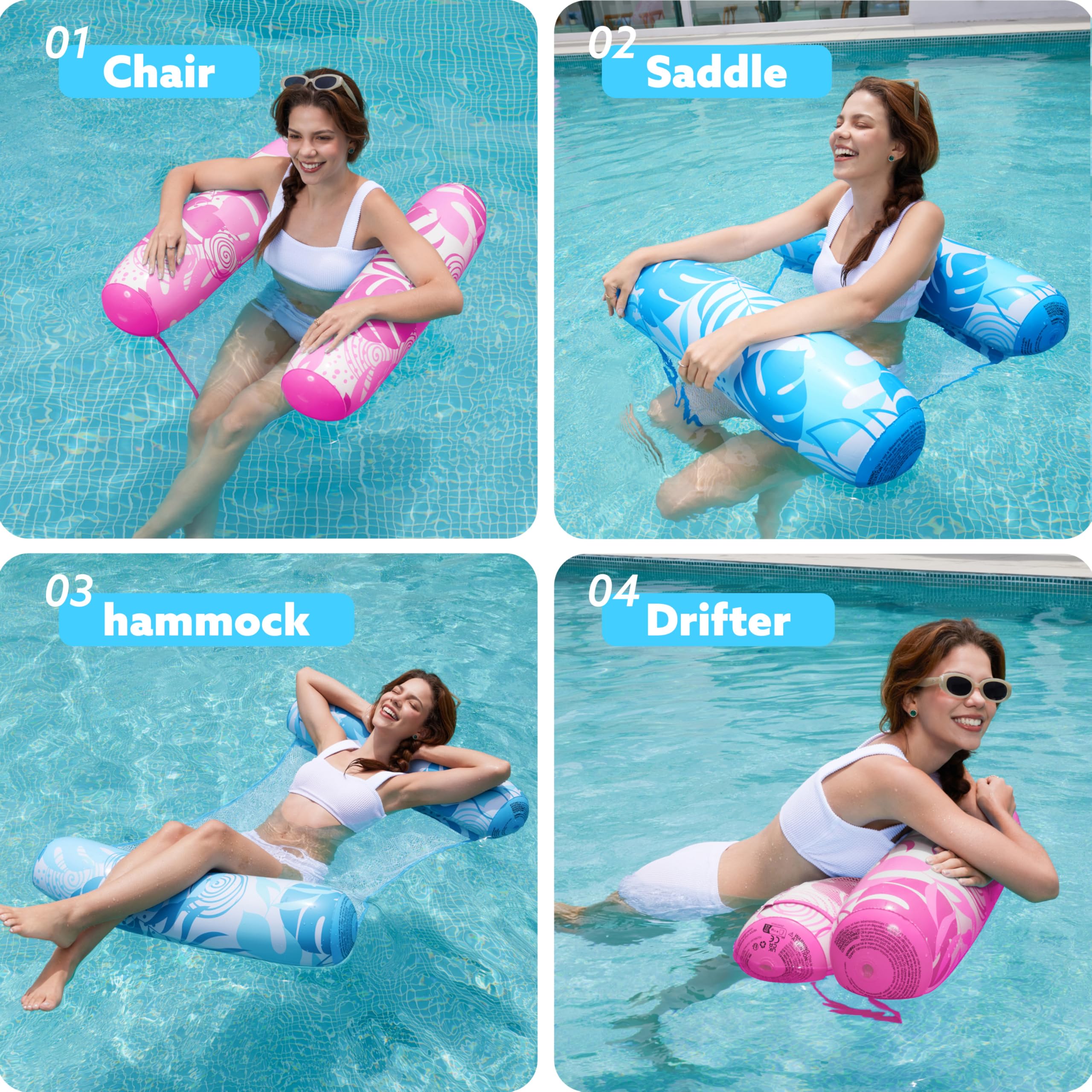 Sloosh 4-in-1 multi-purpose pool float features tropical leaves design for versatile water relaxation.