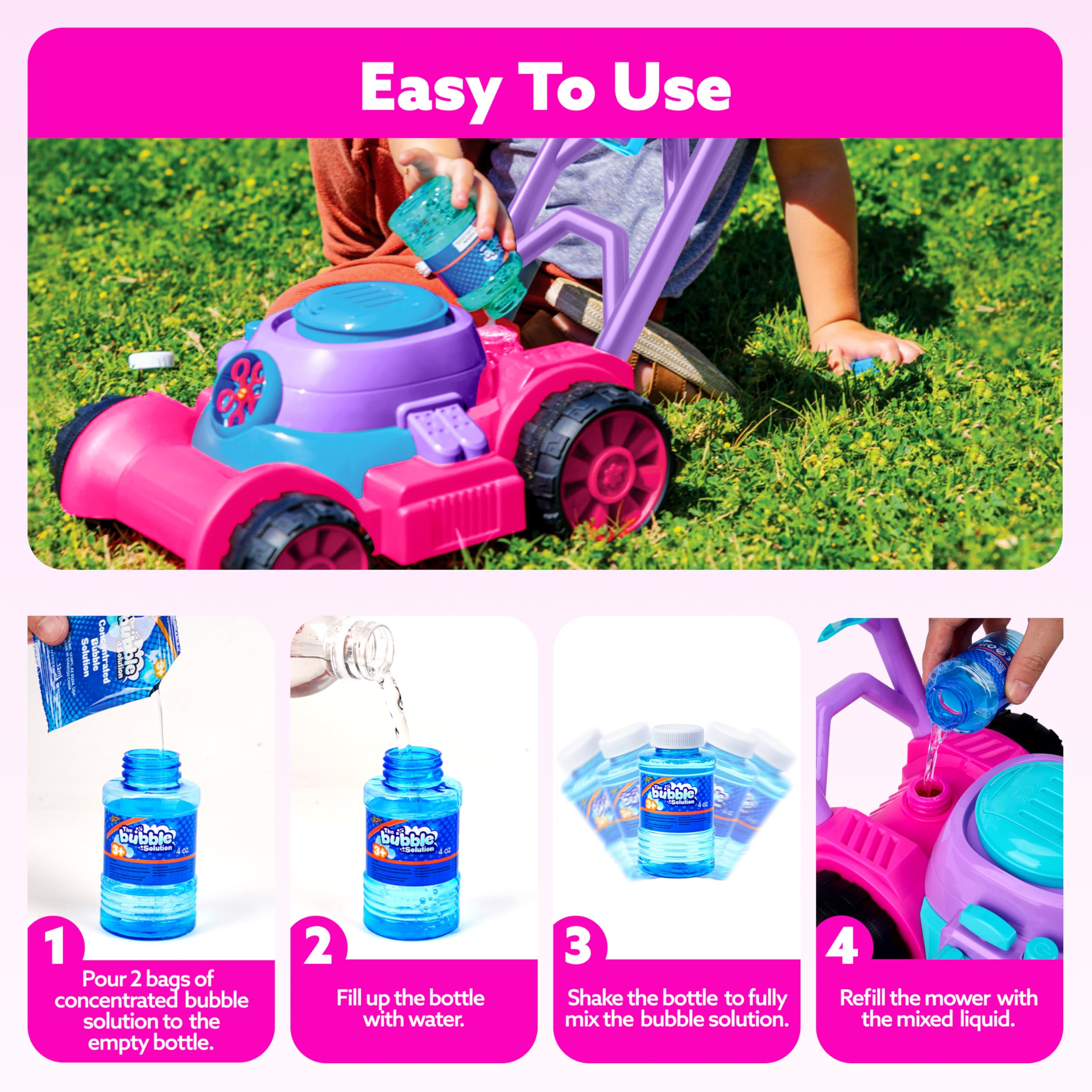 Sloosh Bubble Lawn Mower pink non-toxic and safety tested toy