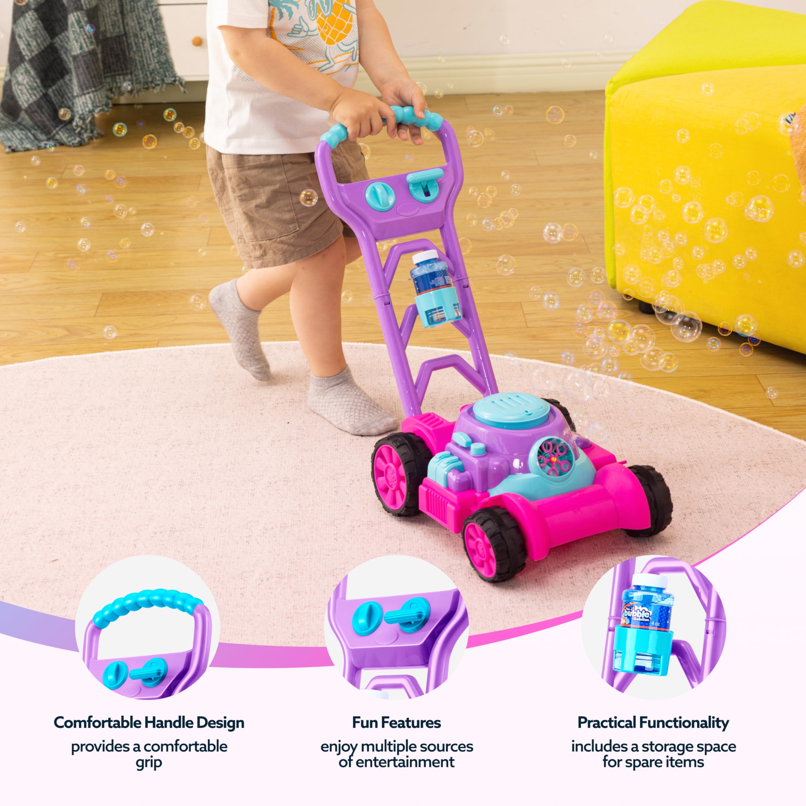 Sloosh Bubble Lawn Mower pink wheels simulate real mowing actions