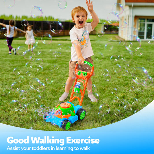 Sloosh Bubble Lawn Mower releases bubbles to spark outdoor pretend gardening fun.