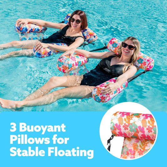 Sloosh inflatable pool lounge chair folded for easy transport and storage.