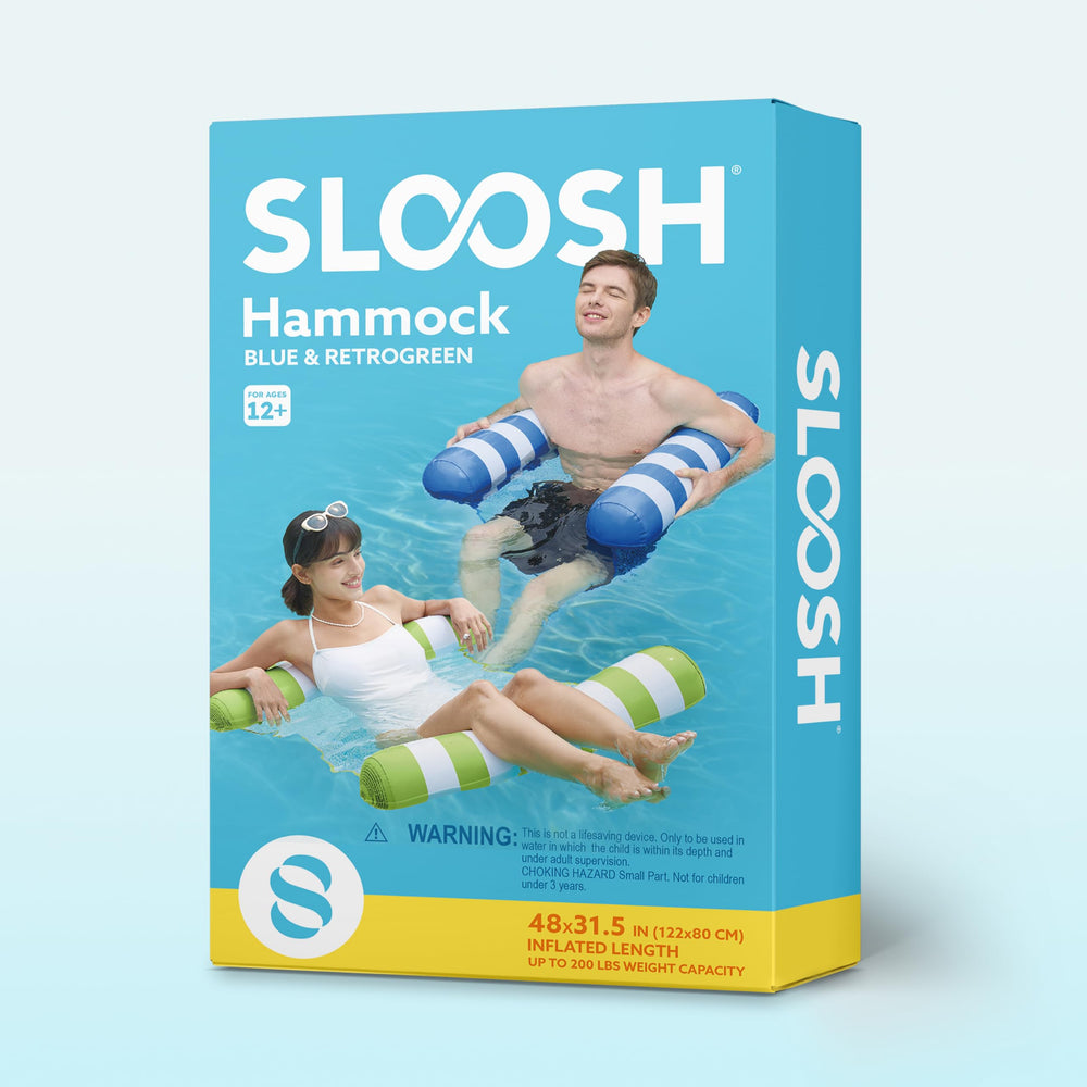 SLOOSH retrogreen strip hammock pool float in use for versatile seating options