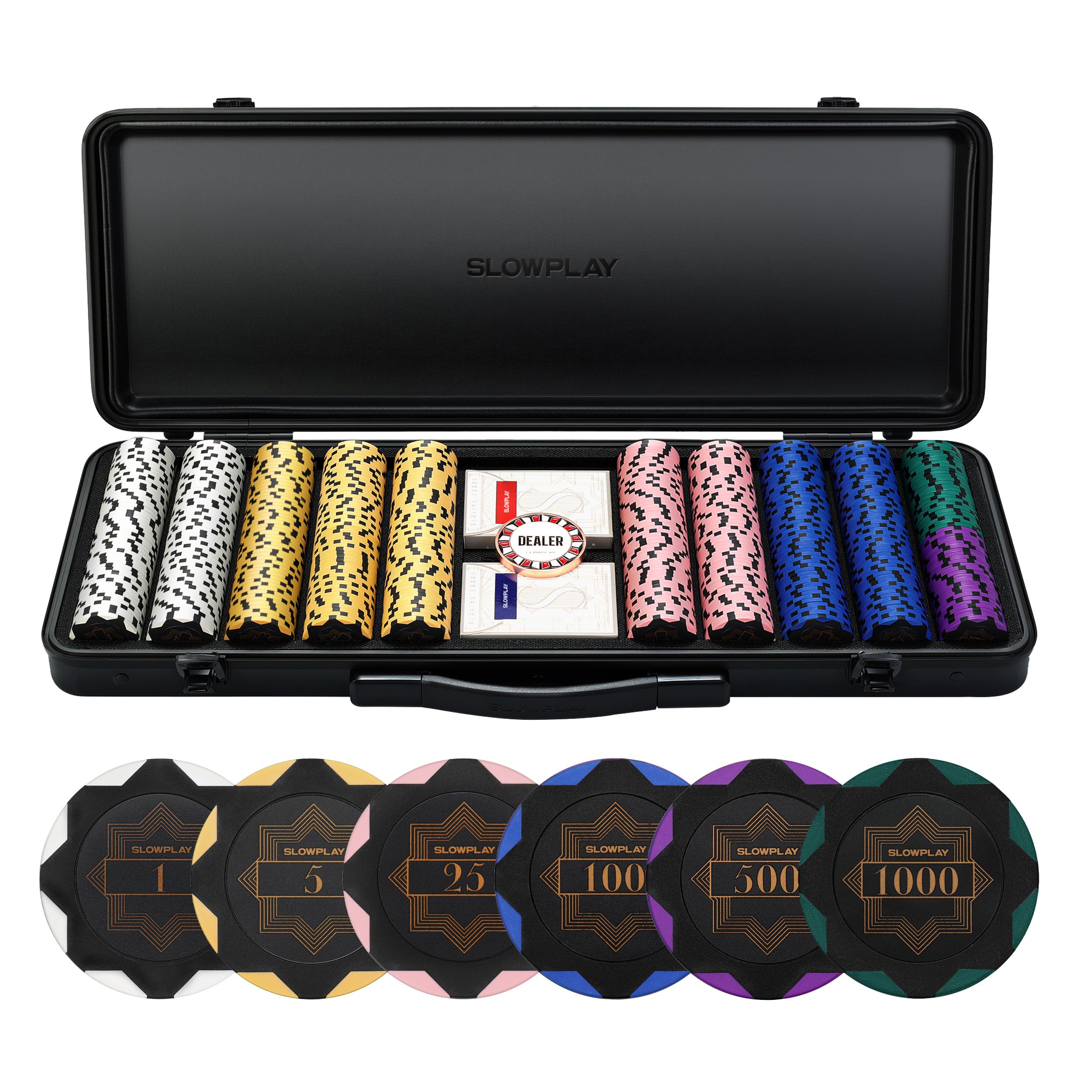SLOWPLAY 14g clay poker chips set for premium gaming experience.