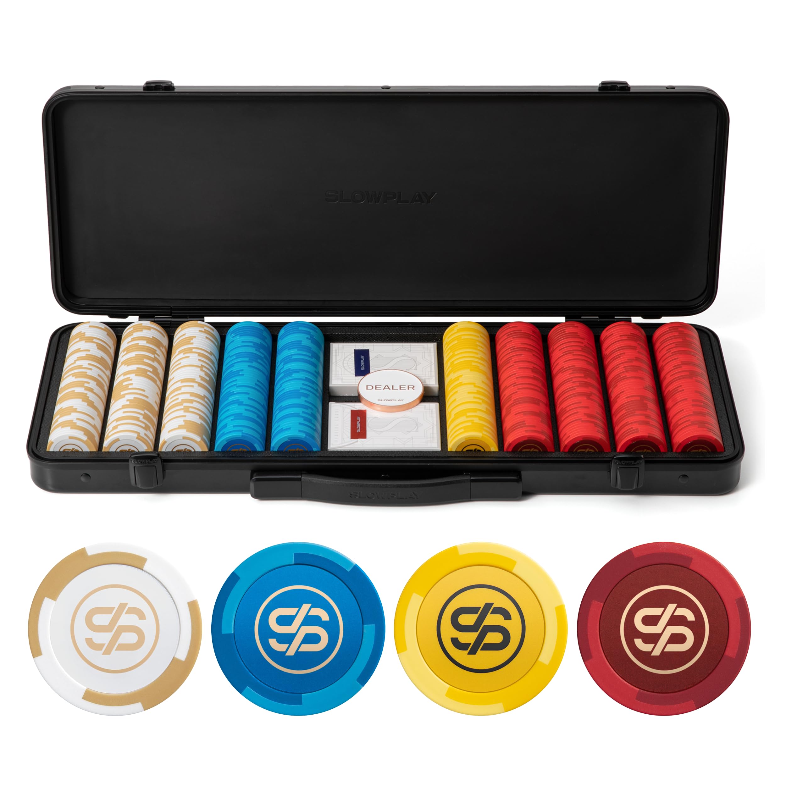 SLOWPLAY Godel 14g clay chips shown with balanced heft for confident handling during live games