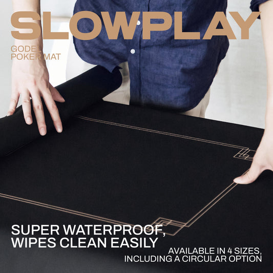 Slowplay Godel mat's water-repellent surface protects against spills during game night.