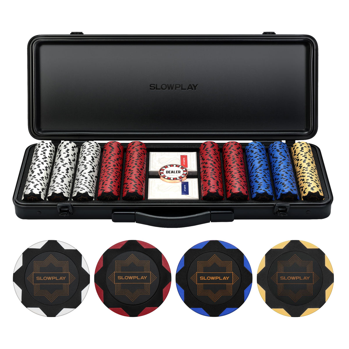 SlowPlay Nash 14g clay poker chips close-up highlighting weight and feel