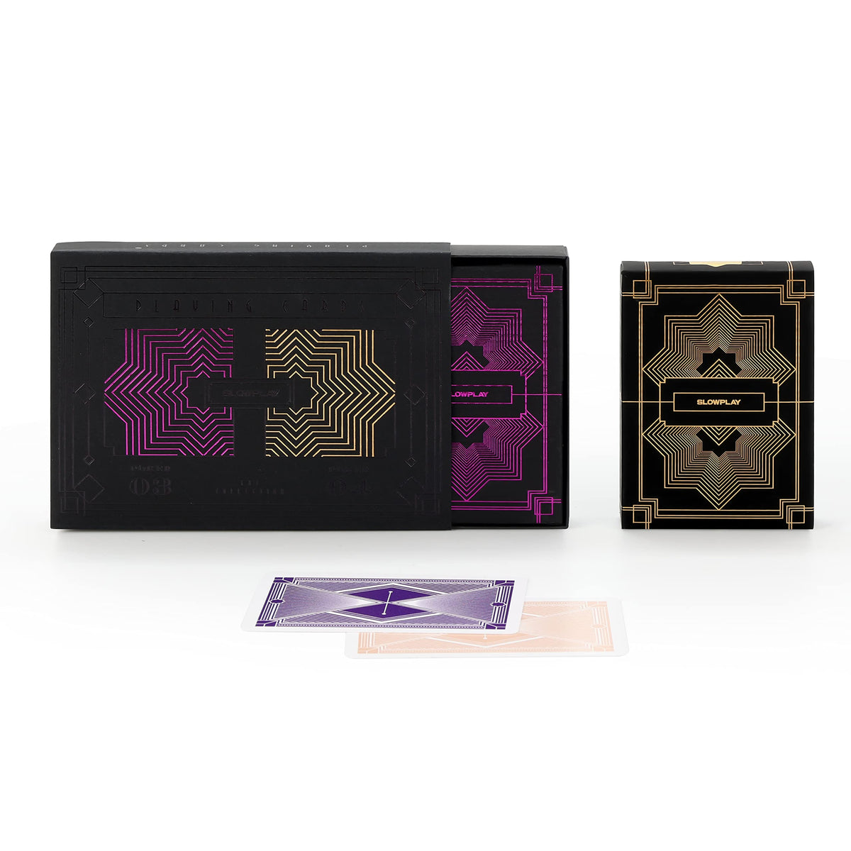 SLOWPLAY two-deck plastic cards in purple and gold for elevated poker nights.