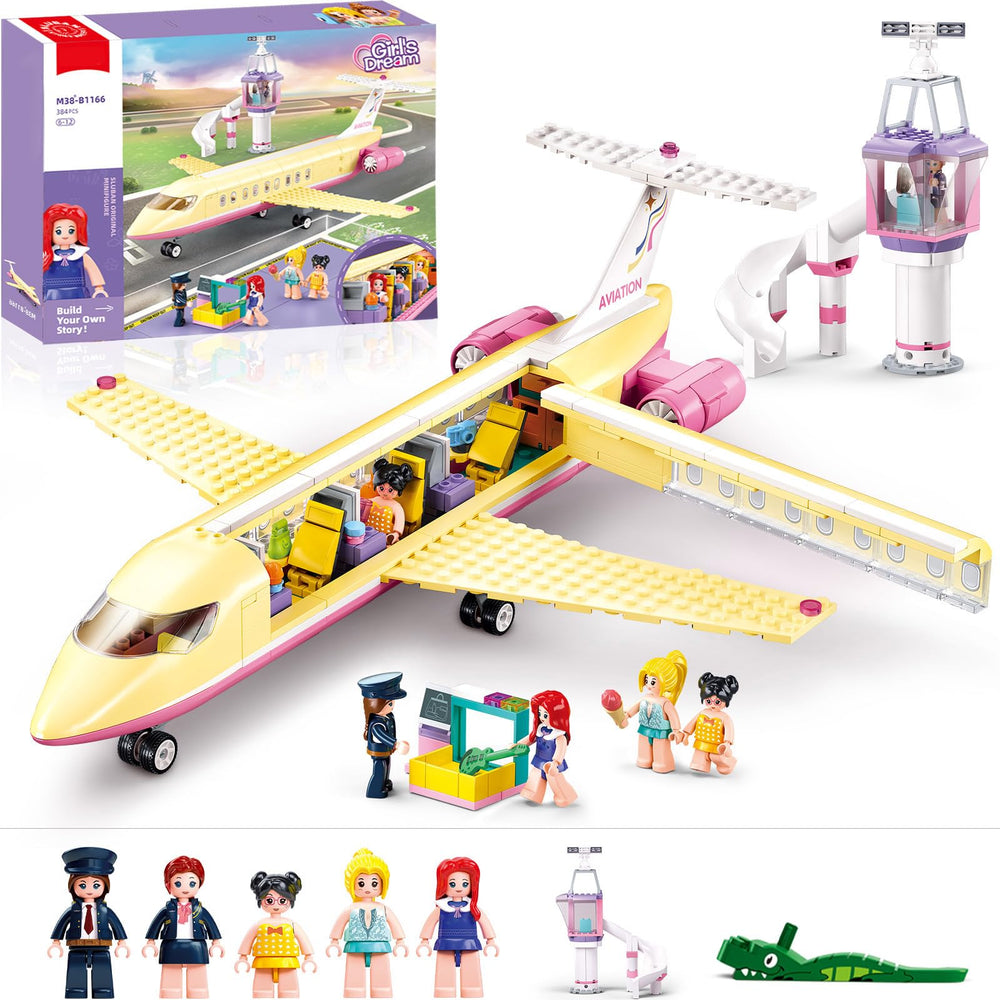 Sluban airplane building set pilot figure in a vibrant play scene for creative learning
