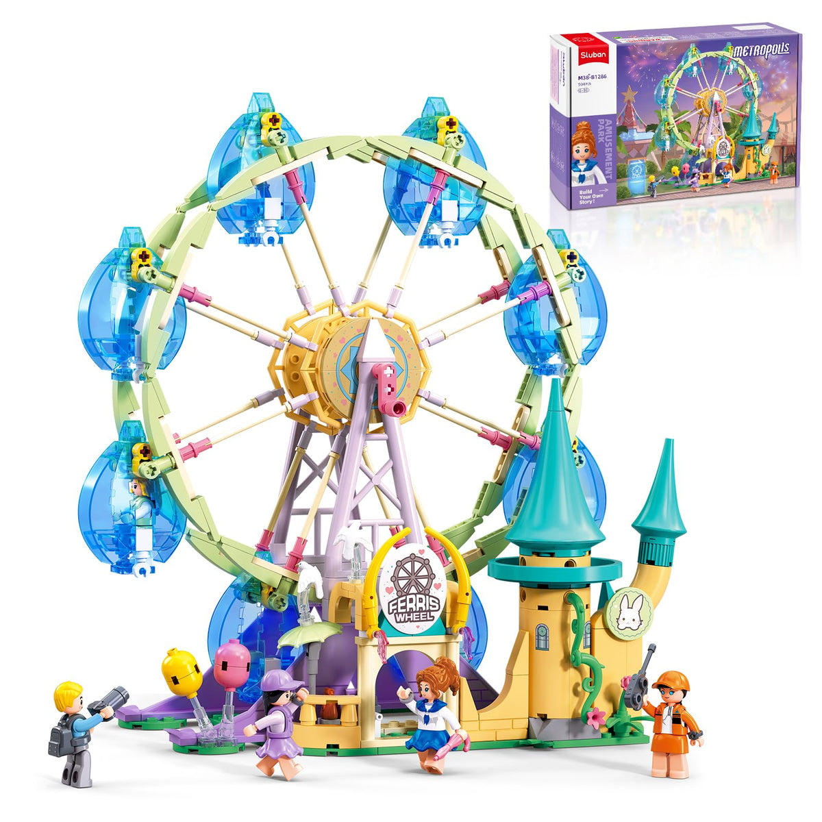 Sluban Amusement Park Ferris Wheel Castle shows imaginative play with a rotating cabin.