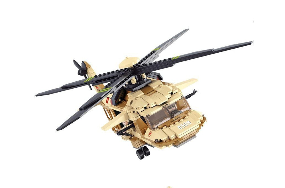 Sluban Black Hawk helicopter side view highlighting durable ABS bricks