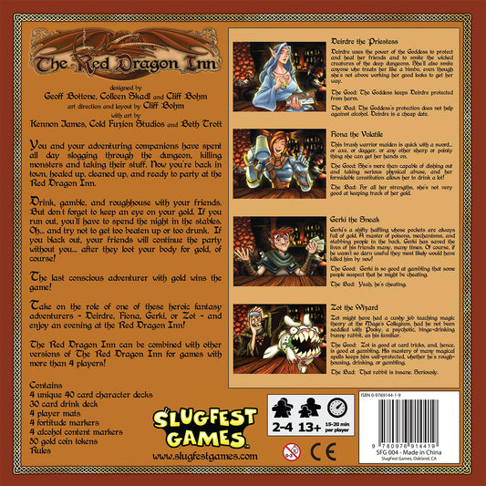 Slugfest Games Red Dragon Inn base game player decks displayed for four heroes