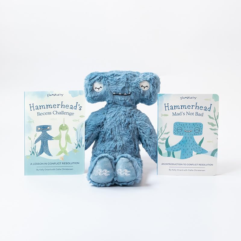 Slumberkins Hammerhead Kin plush closeup, ultra-soft minky fabric for cozy snuggles.