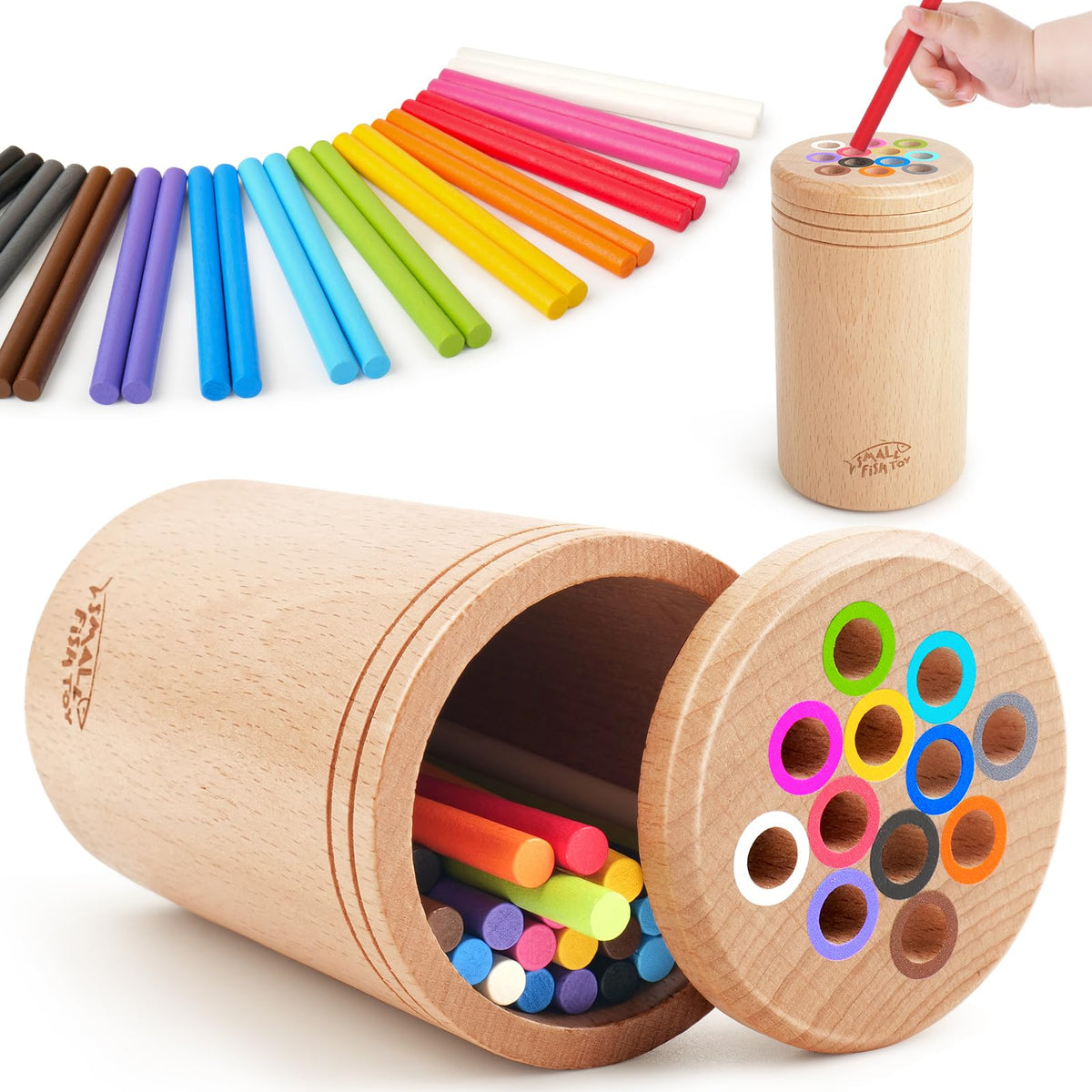 Small Fish Montessori wooden box promotes fine motor skills and object permanence.