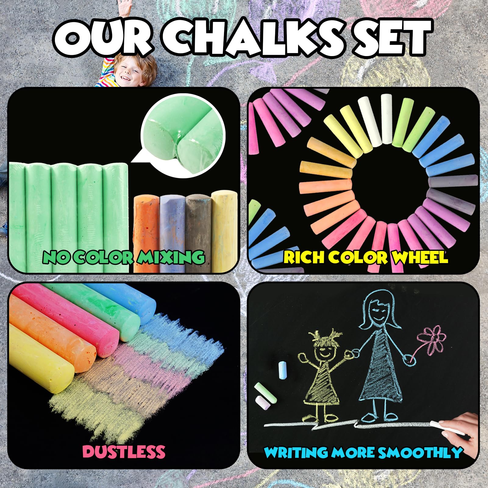 Small Fish chalks with non-toxic dustless formula for cleaner play surfaces.