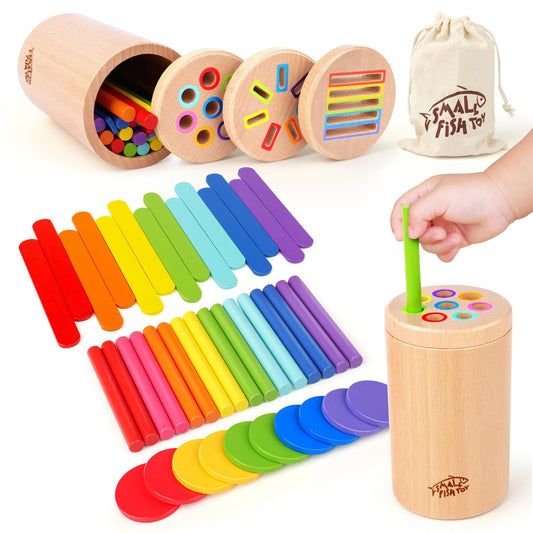 Small Fish wooden Montessori 3-in-1 toy with sticks and holes to build fine motor skills.