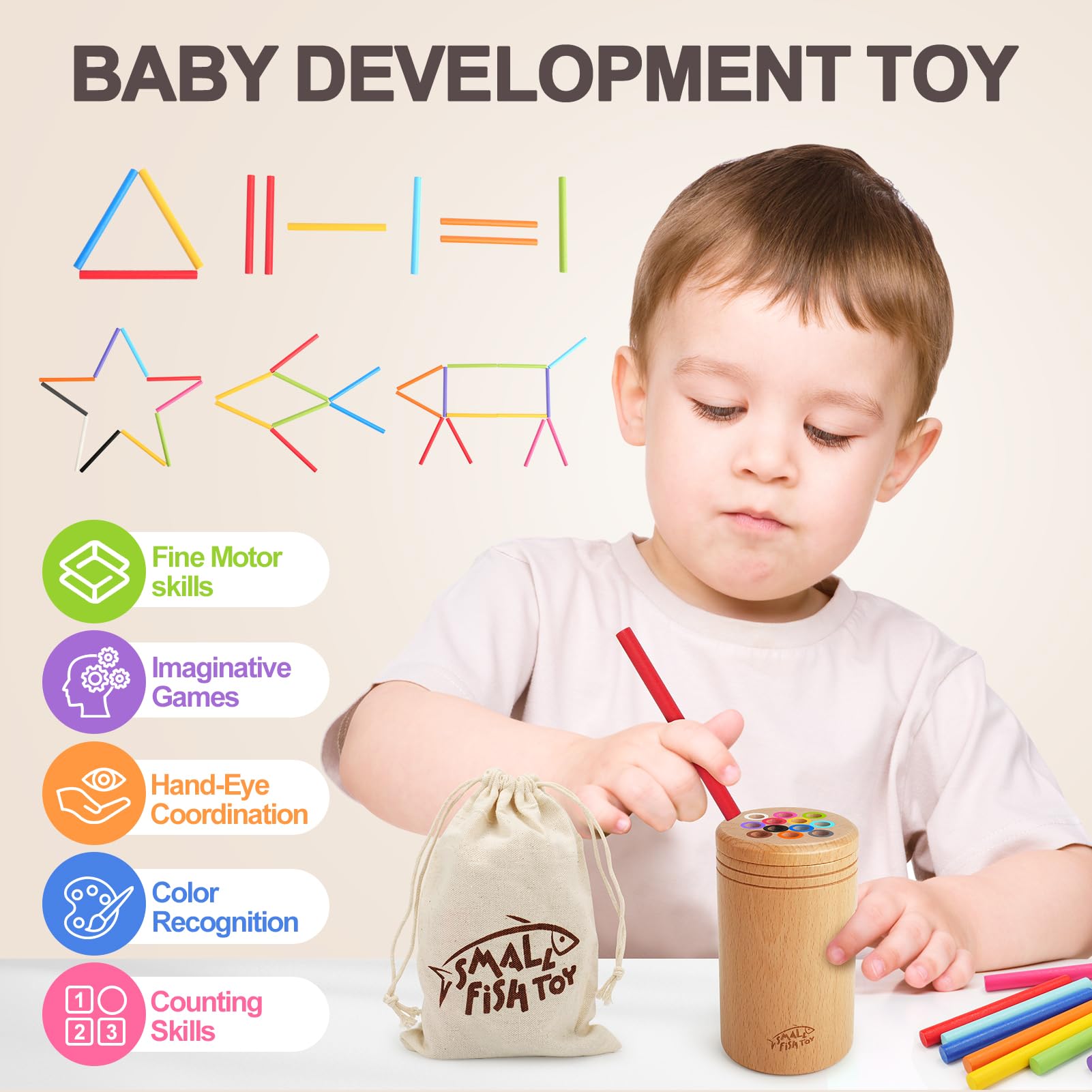 Small Fish wooden sticks color-learning set enhances color recognition and counting.